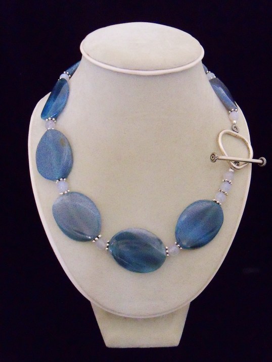 TealAgateslices,BlueChalcedonybeads,SterlingToggle,20in.